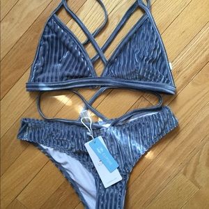 NWT. Gray smocked strappy bikini